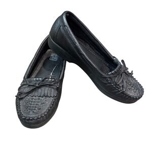 1990s Vintage Jessie Women's Black Leather Loafers Slip Moccasins